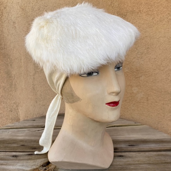 VTG 1940s Off White Wool Rabbit Fur Turban Platter Hat OS - Picture 5 of 10